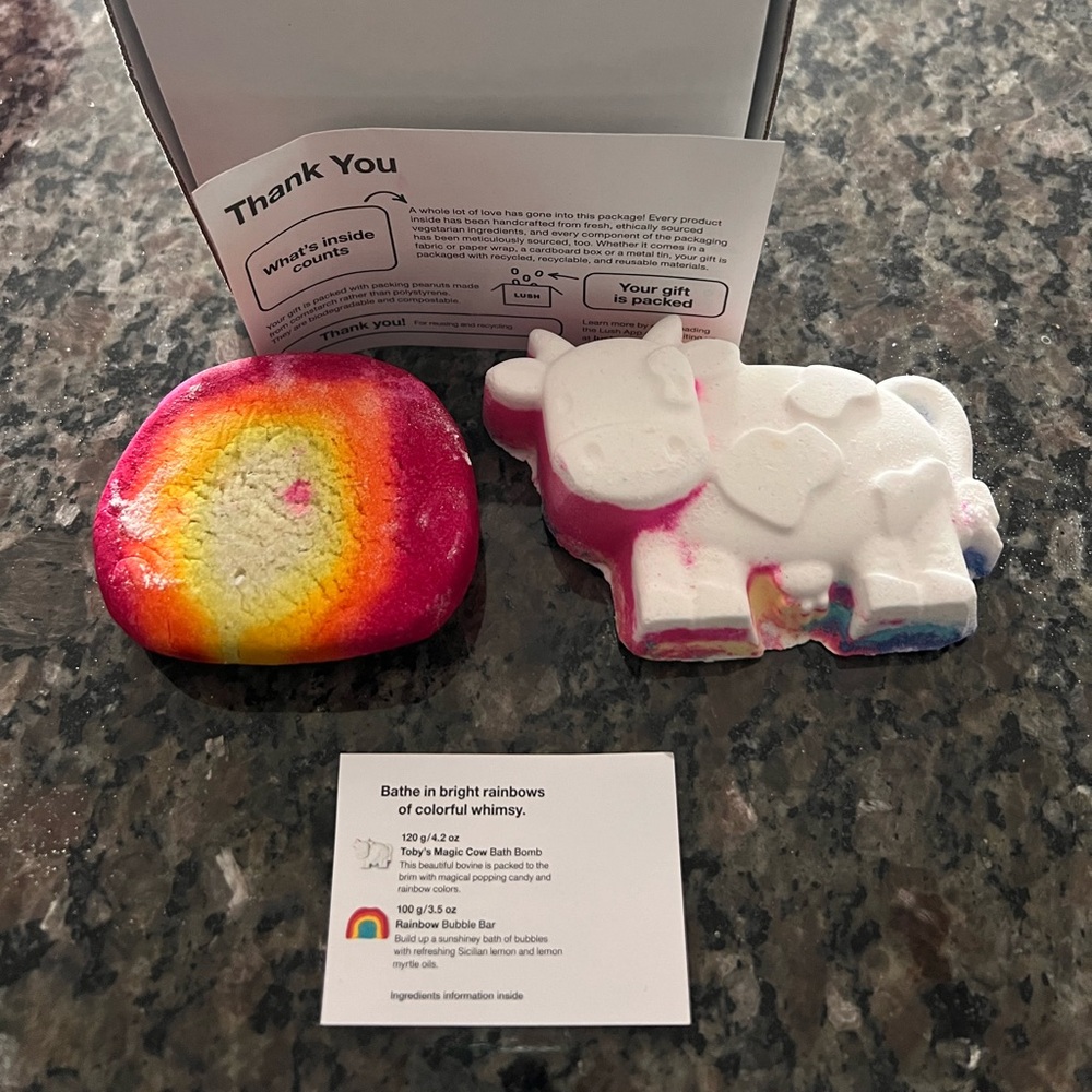 Lush Toby’s Magic Cow Bath Bomb and Rainbow Bubble Bar thank-you set